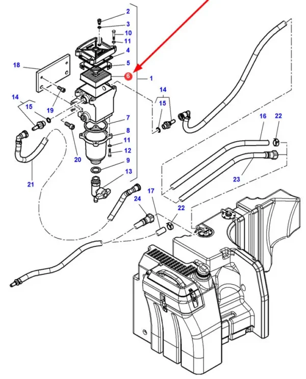 Oryginalny filtr paliwa silnika wkład, o numerze katalogowym PU84, stosowany w ciągnikach rolniczych marek Massey Ferguson, Fendt oraz Challenger.-schemat