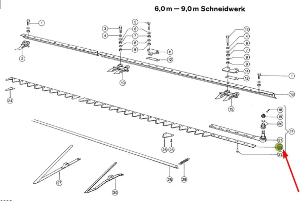 Kosa 6,60 metra  bez główki o numerze katalogowym 670423, stosowana w kombajnach zbożowych marki Claas schemat.